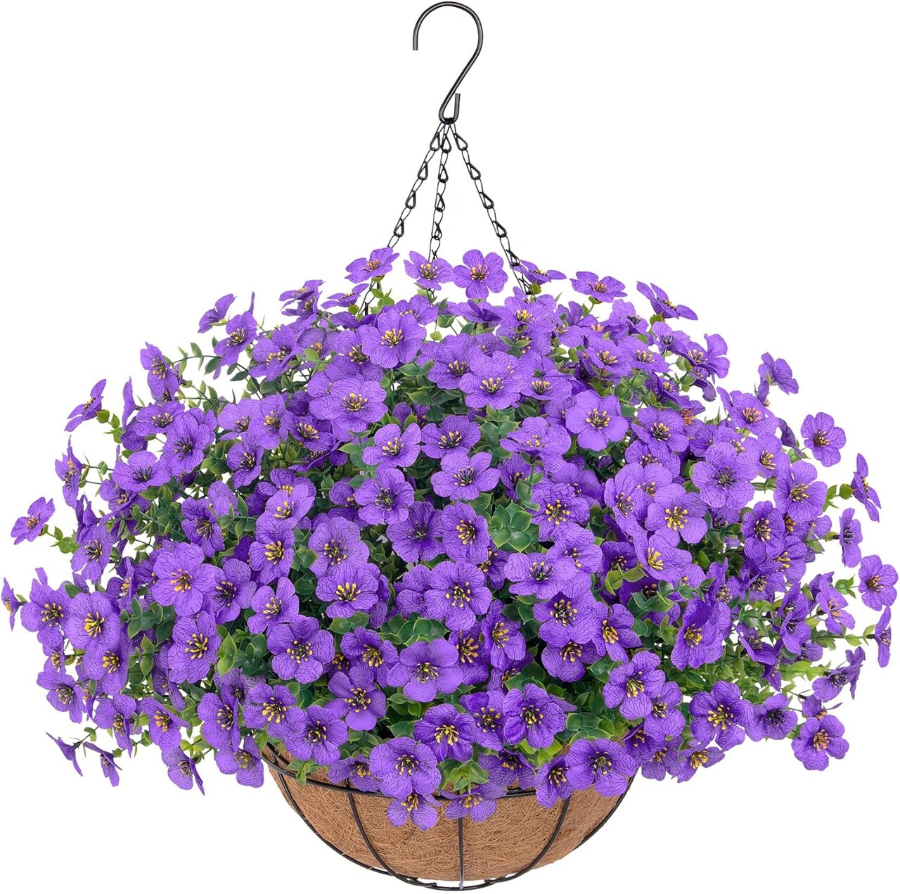 Artificial Hanging Flowers for Outdoors, UV Resistant Silk Flowers Basket Purple